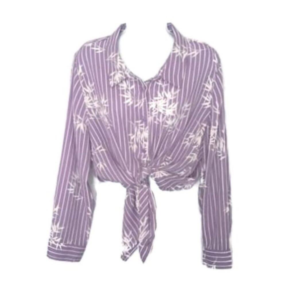 Catherines Purple & White Striped Leaf Print Plus Size Blouse Sz 16